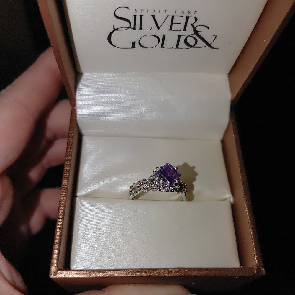 White Gold with rose gold amethyst and diamond ring
